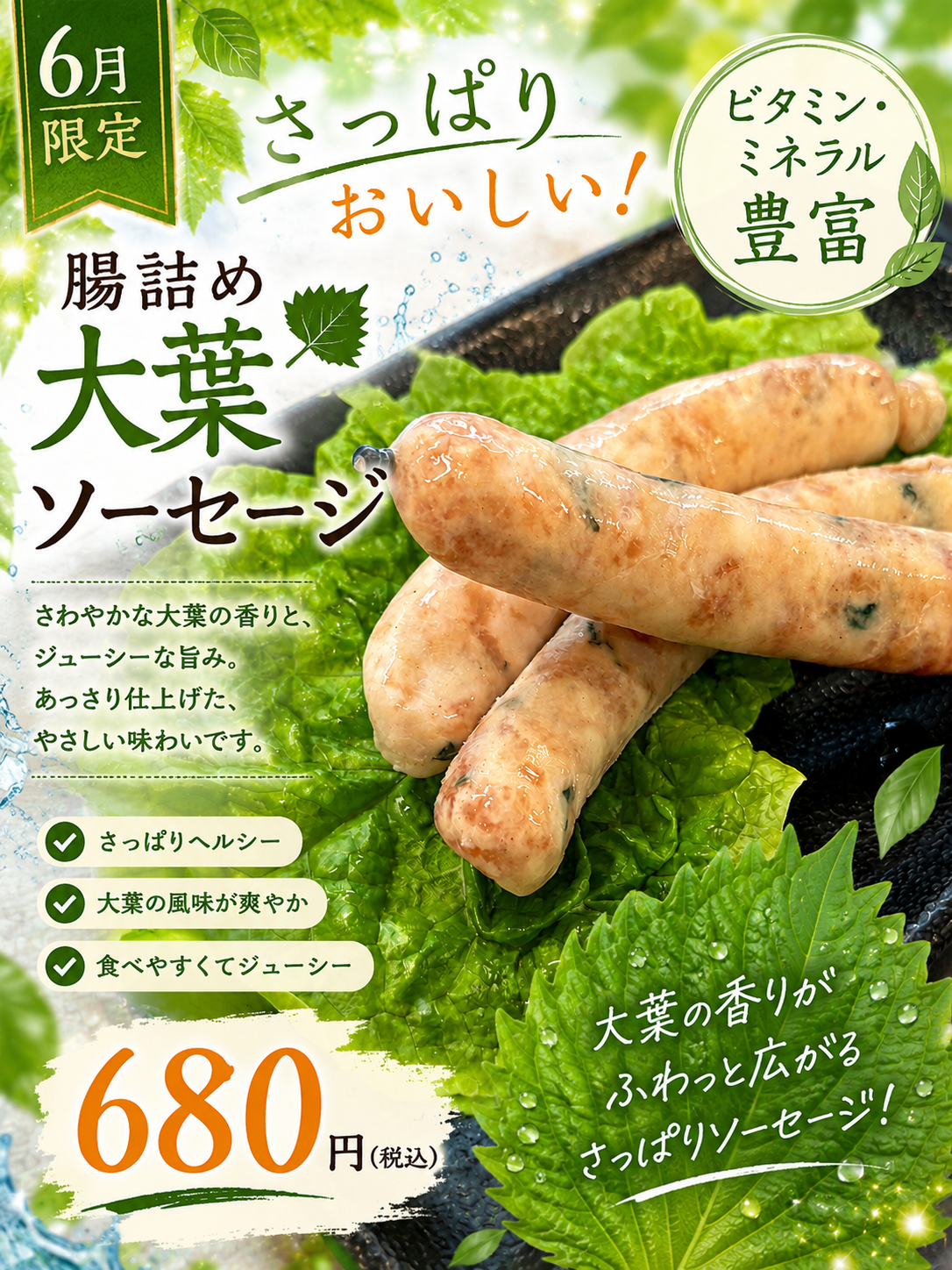 【6月限定】さっぱりヘルシー！ビタミン・ミネラル豊富な「腸詰め大葉ソーセージ」